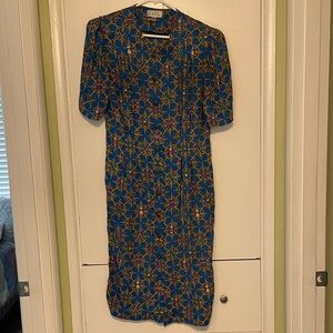 Adrianna Papell Blue and Gold Patterned Midi Dress
